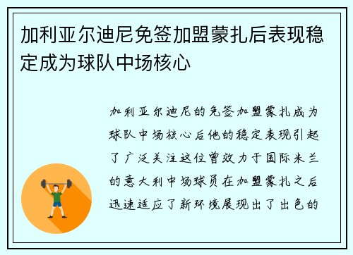 加利亚尔迪尼免签加盟蒙扎后表现稳定成为球队中场核心 加利亚尔迪尼免签加盟蒙扎后表现稳定成为球队中场核心