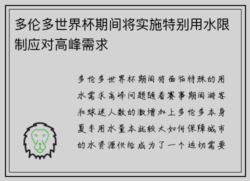 多伦多世界杯期间将实施特别用水限制应对高峰需求